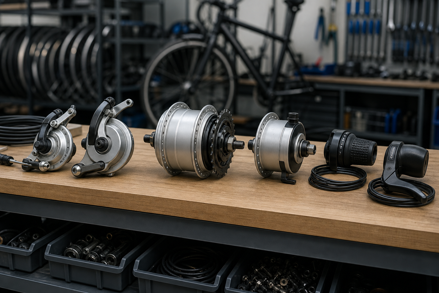 Bicycle fleet maintenance components organized in a workshop
