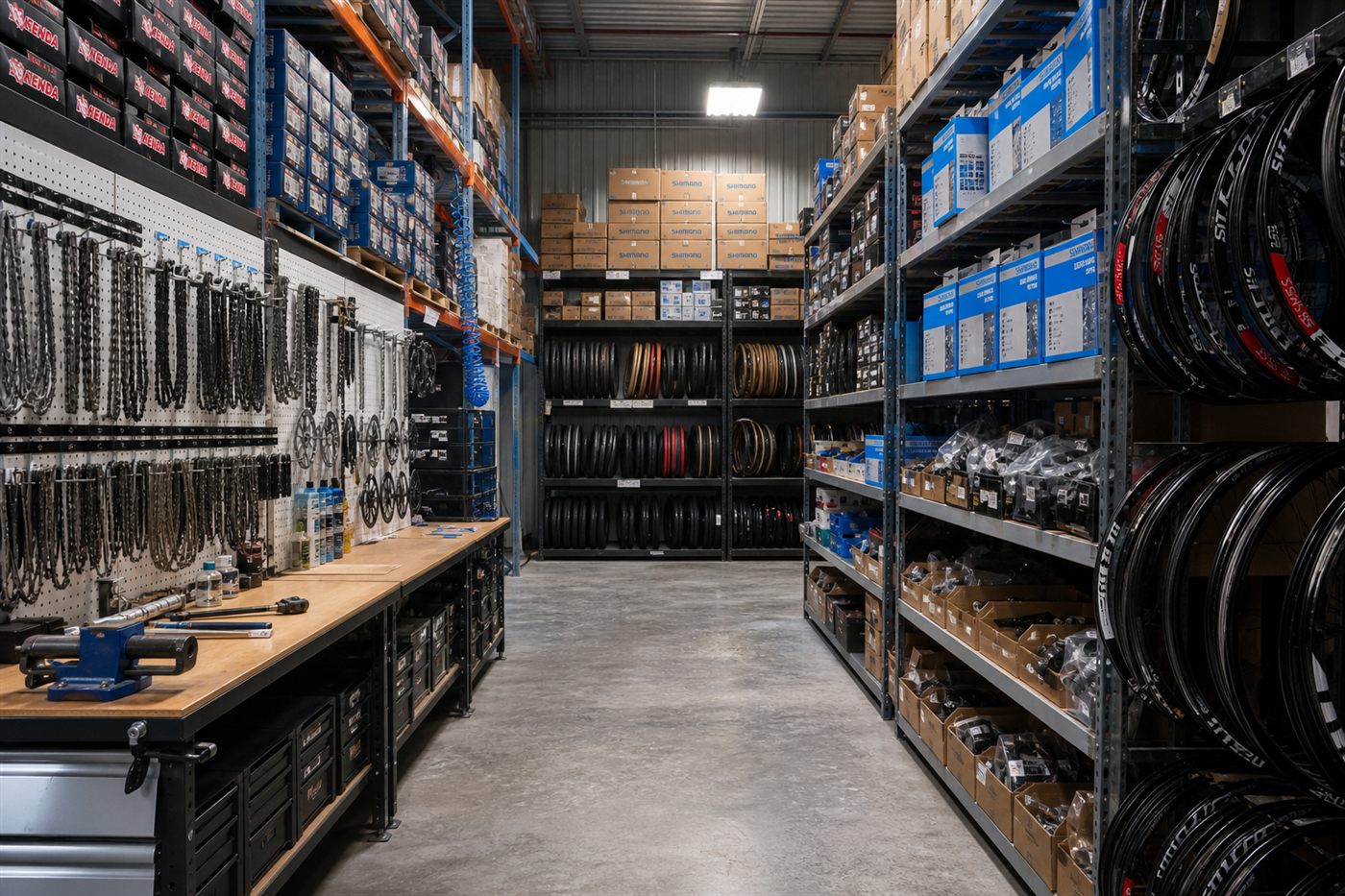 Organized bicycle parts in warehouse